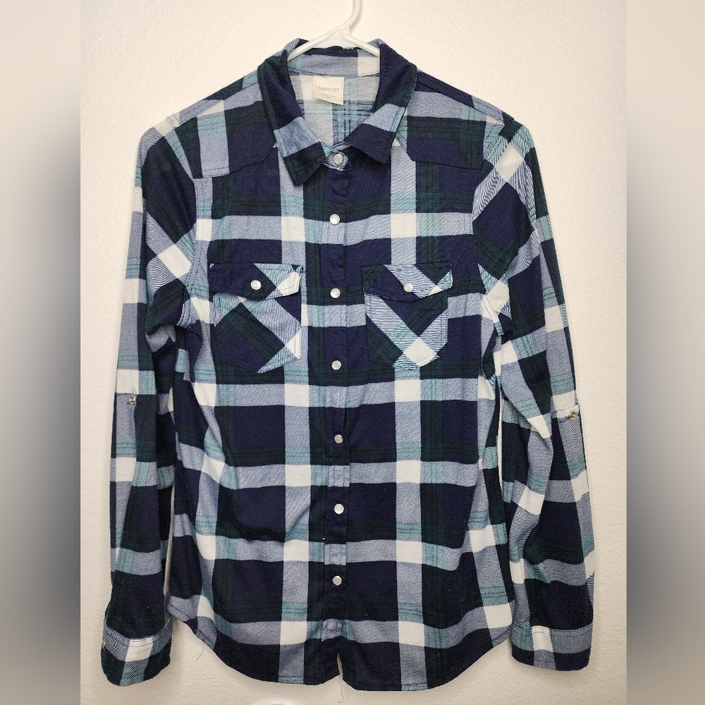 Flannel Dark & Light Blue Green & White Top Size Medium Brand Passport
